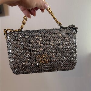 Chanel Silver Tweed with silver sequins wallet on chain with Gold Chain